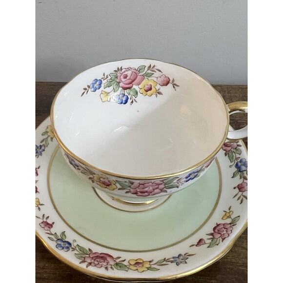 Vintage Floral Mint Green Adderley Bone China Cup and Saucer Cottagecore Classic - Picture 4 of 16